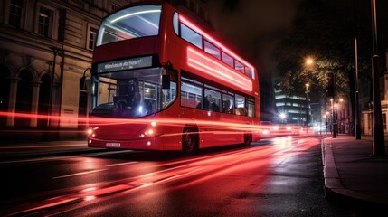 London double decker red bus hurtling through the street of a city at night. Generation AI