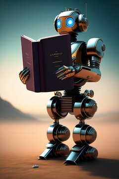 Robot reader holding a book, hyper-detailed 8k