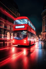 Tuinposter London double decker red bus hurtling through the street of a city at night. Generation AI © piai