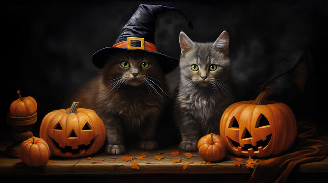 Cats on Halloween. Cats dressed up for Halloween. Cats with original costumes on Halloween.