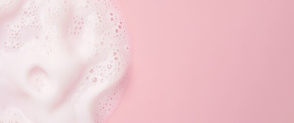 White shampoo, lotion foam on pink pastel background. Wide banner, cover with copy space for text. Beauty, skin care concept. AI generative.  - obrazy, fototapety, plakaty