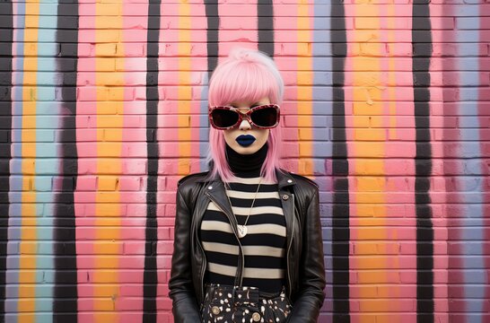 close up portrait of young girl wearing pink hair and blue lipstick make up, abstract painted brick wall background, Generative Ai
