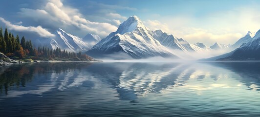 Fototapeta na wymiar beautiful ice glacier river with snowy mountain nature scenery background, Generative Ai