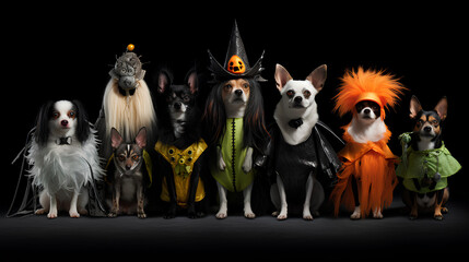 Fototapeta premium Dogs on Halloween. Dogs dressed up for Halloween. Dogs with original costumes on Halloween.