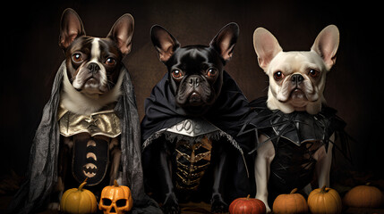 Dogs on Halloween. Dogs dressed up for Halloween. Dogs with original costumes on Halloween.