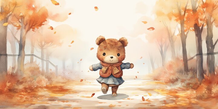 watercolor style illustration cute teddy bear girl walking in autumn forest, Generative Ai