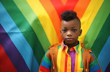 happy smile young African boy with rainbow flag as background, theme concept of children rights, gender context rights and child in LGBTQ family, Generative Ai