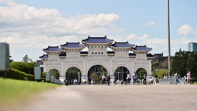 Scenic view of asian main gate attraction (paifang or pailou) Liberty Square Arch, a historic tourism landmark in Zhongzheng, Taipei, Taiwan, Asia