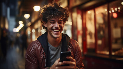 Fröhlicher junger Mann in der Stadt, der ein Smartphone verwendet, sich amüsiert und herzhaft lacht