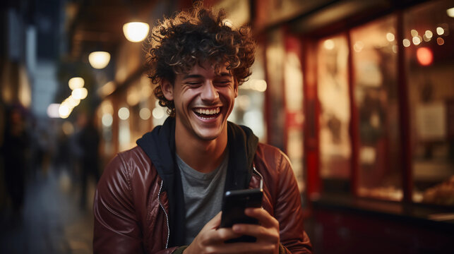 Fr&ouml;hlicher junger Mann in der Stadt, der ein Smartphone verwendet, sich am&uuml;siert und herzhaft lacht