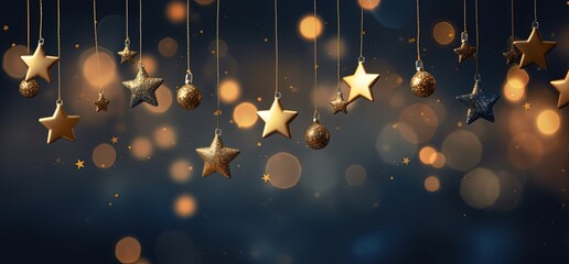 hanging start ornaments with bokeh light abstract background, generative Ai