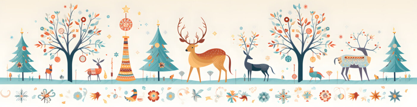 christmas tree and reindeer, in the style of decorative ornamental motifs, flat composition, pastel-colored scenes