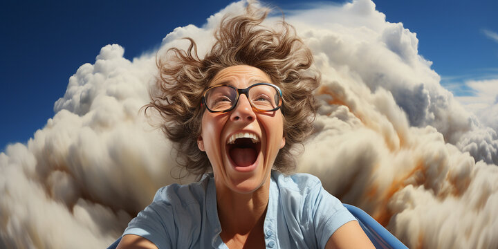 Junge lustige Frau lacht in der Achterbahn mit fliegenden Haaren im Querformat f&uuml;r Banner, ai generativ