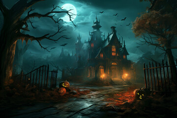 Fototapeta na wymiar Old haunted house with lights and scary pumpkins on Halloween night