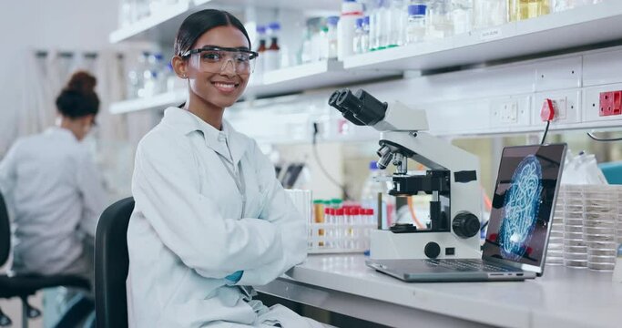 Science, microscope and a student girl in a lab for research, innovation or medical breakthrough. Portrait, smile and arms crossed with a young scientist working in a pharmaceutical laboratory