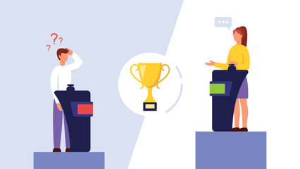 Vector illustration of a quiz game. Cartoon scene of a TV show with a boy and a girl fighting for the winners cup, answering questions. The girl answered correctly, and the guy thought about.