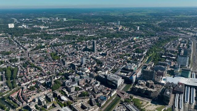 Aerial view of City of Utrecht, The Netherlands, with the Dom tower