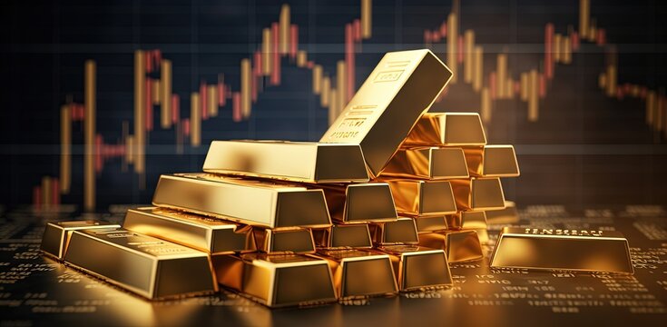gold bar with gold coins with investment chart background, Generative Ai