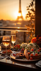 Mesa de restaurante elegante en París, cerca de la torre Eiffel.
Comida típica francesa. Surtido de tapas y canapés en la mesa del bar. Luz tenue y ambiente romántico. IA generada. - obrazy, fototapety, plakaty