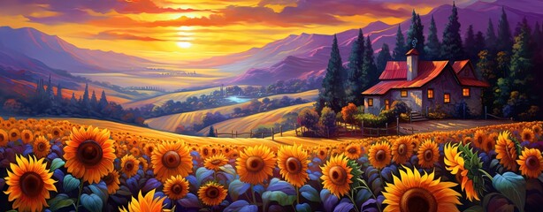 painting style illustration of sunflower field with farmhouse, Generative Ai