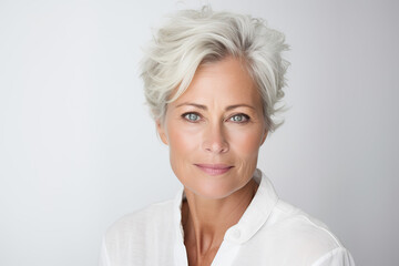 Close-Up Studio Beauty: Mature Woman on White/Grey Background
