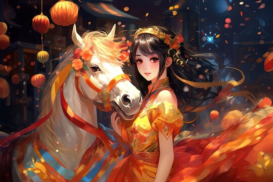 painting illustration cartoon wallpaper of pretty young brave princess with white horse at night time, Generative Ai