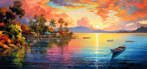 Tuinposter painting style illustration of beautiful nature landscape of rural countryside of Southeast Asian,  village at riverside at sunset time, Generative Ai © QuietWord