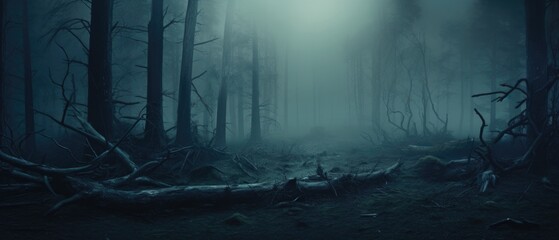 Misty spooky forest background, gloomy trees in scary horror foggy woods Happy Halloween dark night creepy nature mist fantasy atmosphere mystery dramatic landscape fall nightmare scenery. Copy space