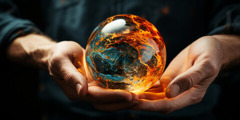 Hand hält Glaskugel für den Naturschutz auf dunklen Hintergrund für die Natur retten Nahaufnahme, ai generativ