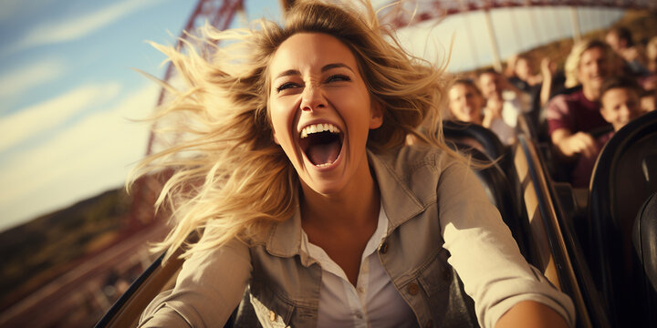 Junge lustige Frau lacht in der Achterbahn mit fliegenden Haaren im Querformat f&uuml;r Banner, ai generativ
