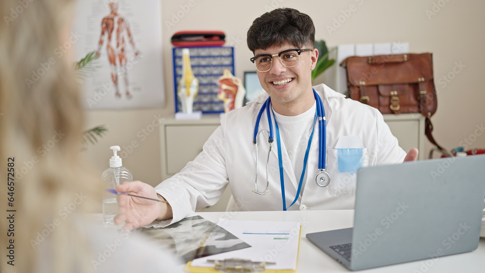 Sticker Young hispanic man doctor having medical consultation at clinic