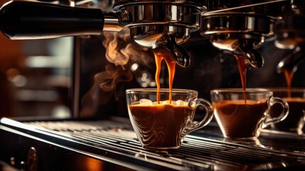 Fototapeta premium Proffessional brewing - coffee bar details. Espresso coffee pouring from espresso machine. Generative AI