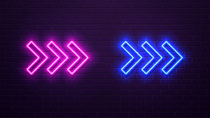Neon glowing arrow icons with a shadow in blue and pink on a purple brick wall background.