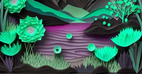 Beautiful origami style 3d landscape background. Modern nature art