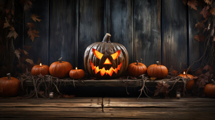 Obraz premium Smiling pumpkin lantern and Halloween decorations on wood background