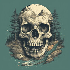 A skull with mountain and beach inside an island at night professional tshirt design AI Generated