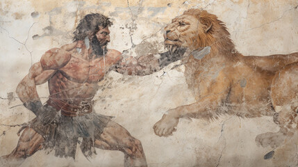 Hercules fighting lion, wall fresco like Ancient Greek and Roman art - obrazy, fototapety, plakaty
