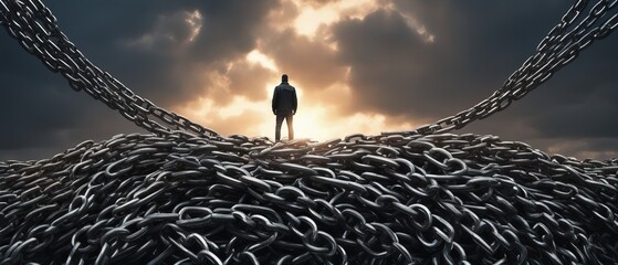 A man standing on a pile of chains against a backdrop of sunset clouds, conceptual art, symbolizes restriction of freedom, suppression or dependence on external circumstances or authority.