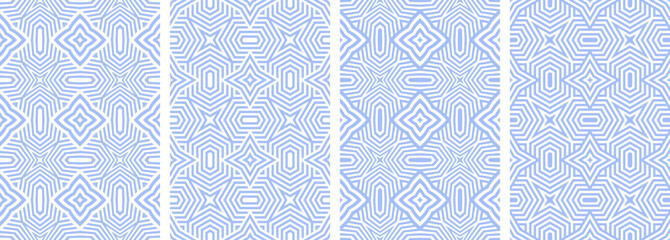 Abstract Seamless Geometric Patterns Set. Blue and White Texture.