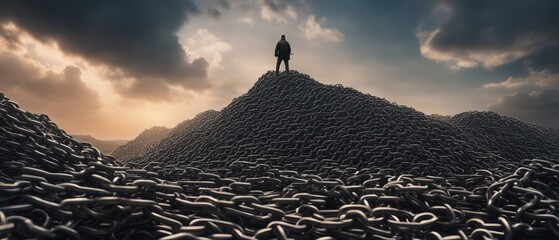 A man standing on a pile of chains against a sunset sky, conceptual art, symbolizes restriction of freedom, suppression or dependence on external circumstances or authority.