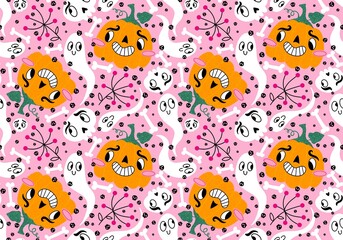 Halloween cartoon pumpkins seamless ghost and skulls pattern for wrapping paper and fabrics and kids clothes print