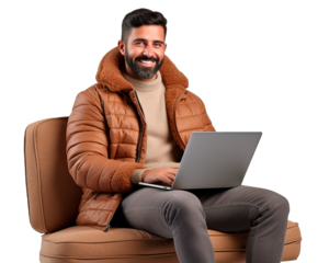 Latino man sitting on the couch using laptop. Isolated on white and transparent background