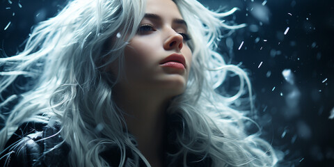 Hübsche Frau mit blau grau gefärbten fliegenden Haar und edlen Visagistik Make up als Poster Nahaufnahme, ai generativ