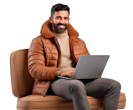 Latino man sitting on the couch using laptop. Isolated on white and transparent background - Powered by Adobe