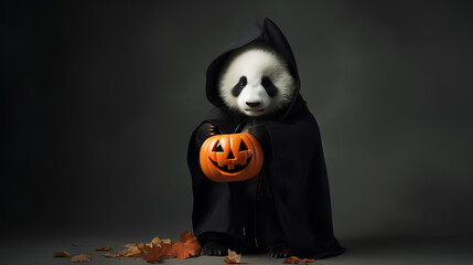 Pandas on Halloween. Pandas dressed up for Halloween. Pandas with original costumes on Halloween.