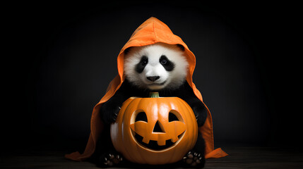 Pandas on Halloween. Pandas dressed up for Halloween. Pandas with original costumes on Halloween.