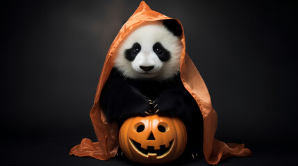 Pandas on Halloween. Pandas dressed up for Halloween. Pandas with original costumes on Halloween.