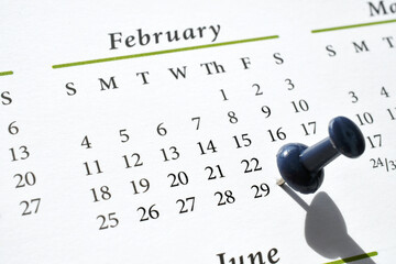 A pushpin marking Leap Year Day, February 29, on a calendar