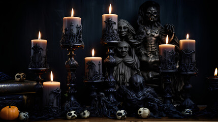 Fototapeta na wymiar Black and dark candles with Halloween skulls and pumpkins. Realistic scenes with many candles in a gloomy and very dark environment.