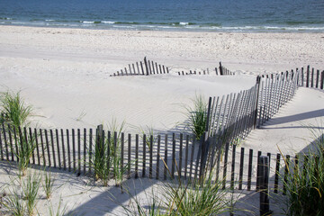 A wooden slated sand fence is partly buried in an ocean beach dune. There is sea grass growing inside the fence. An ocean and blue sky is in the background.